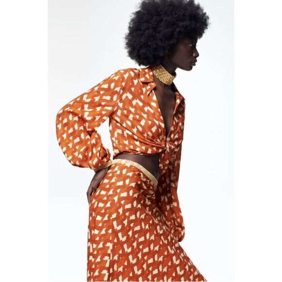 NWT Zara Printed Linen Blend Beaded Waistband High Waisted Maxi Skirt, Size XS - Picture 2 of 15